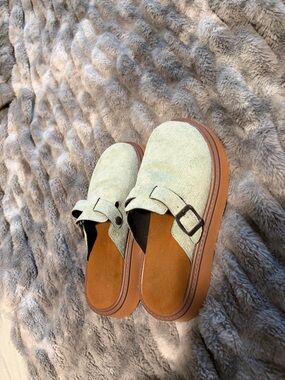 Amazon Women's Light Green Slip-On Buckle Clog Sandals